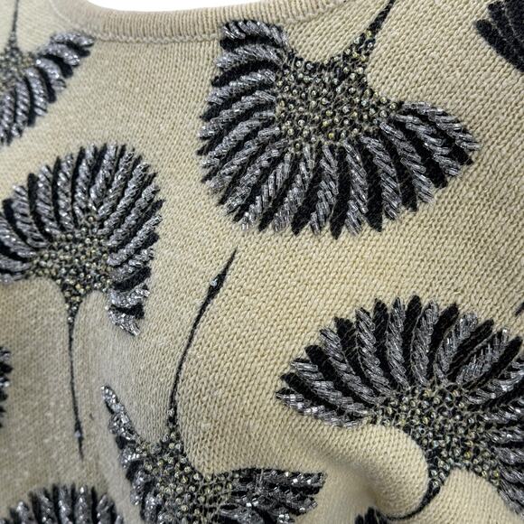 Magnolia Vtg Women's Sweater SZ S Beaded Embellished Crane Bird Print Fan Yellow - Picture 6 of 11
